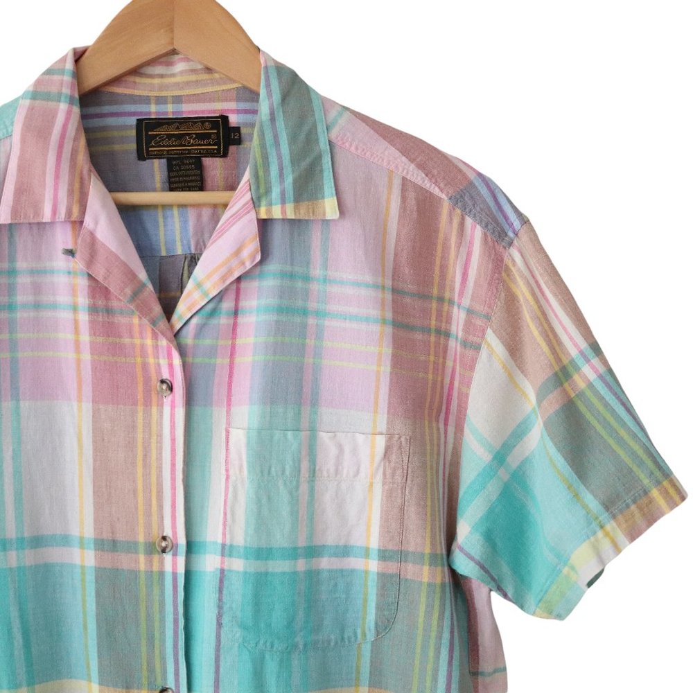 SOLD vintage 80s 90s eddie bauer pastel plaid button shirt M/L madras blouse - Picture 8 of 9